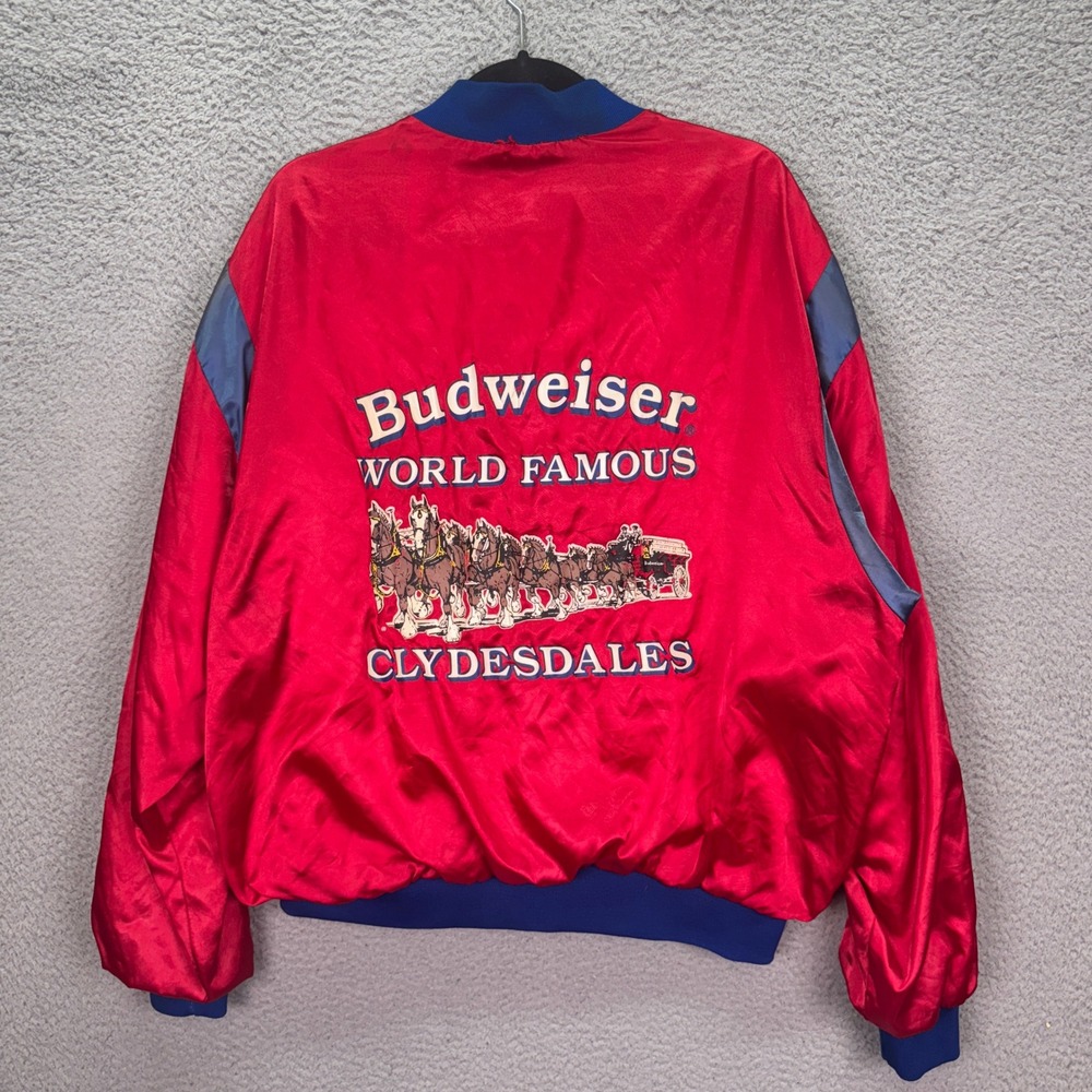 VTG Budweiser Bomber Jacket Men XL Red Satin World Famous Clydesdales 1980s Beer